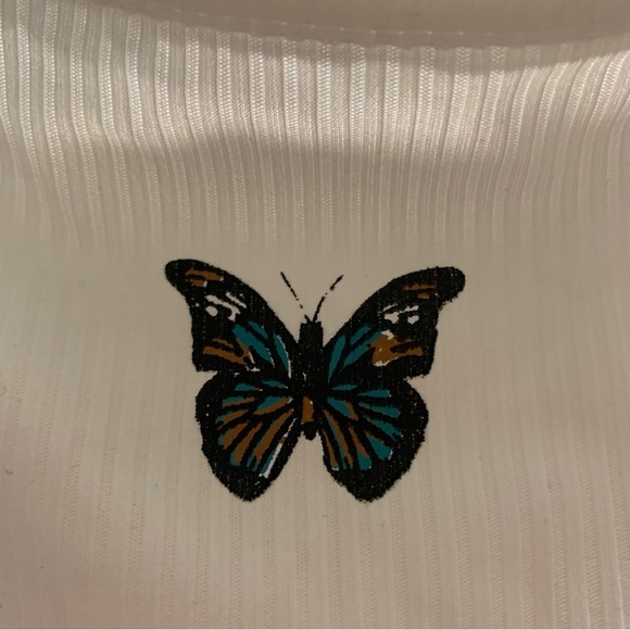 White Ribbed Crop Tank Top with Butterfly Design NWOT - Picture 4 of 6